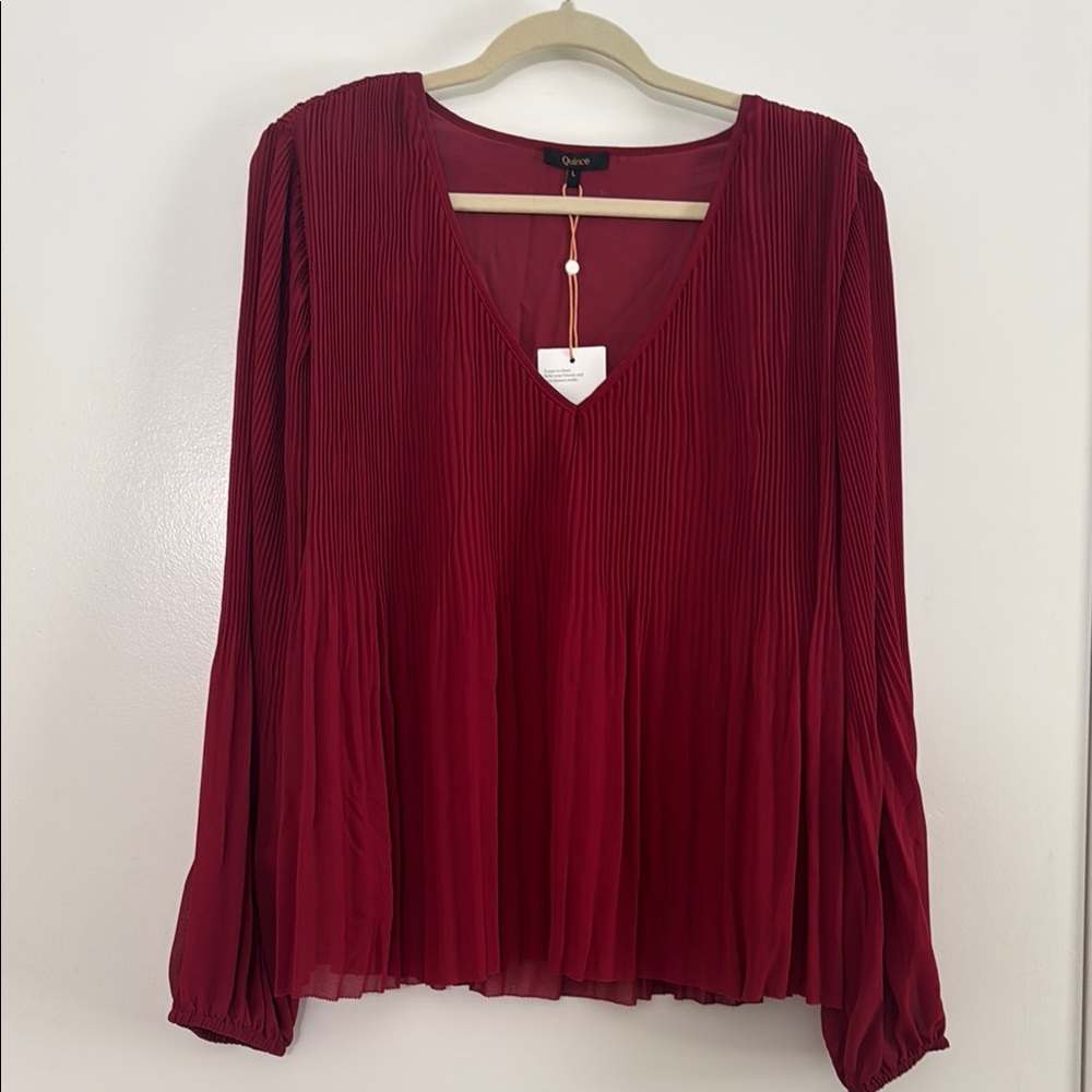 Quince Pleated V-Neck Blouse | Cranberry Red | NWT | Size L